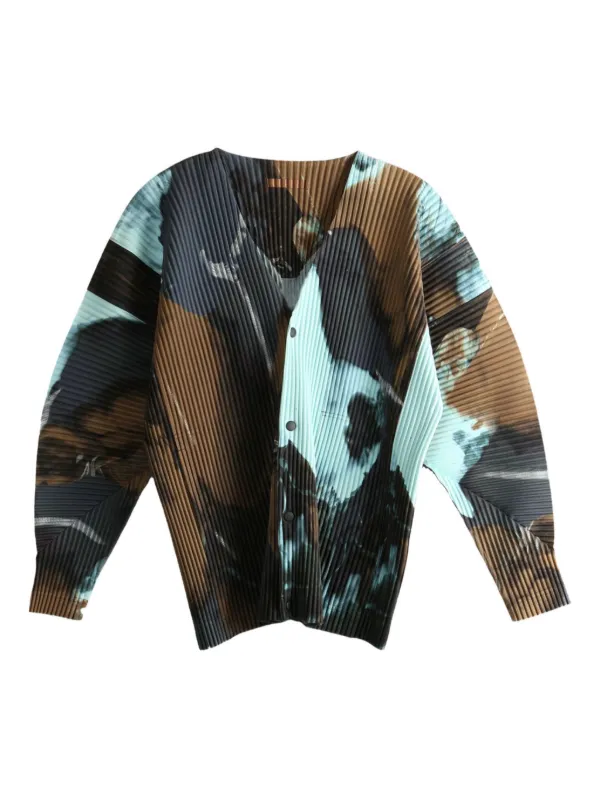 Homme Plissé Issey Miyake Pleated Print Cardigan | Blue | FARFETCH