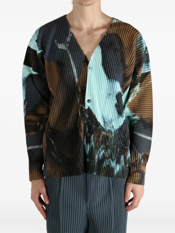 Homme Plissé Issey Miyake Pleated Print Cardigan | Blue | FARFETCH