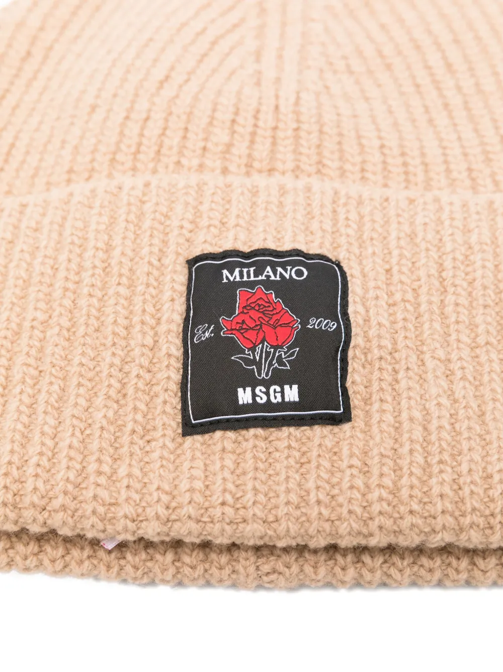 MSGM Geribbelde wollen muts met logopatch - Beige