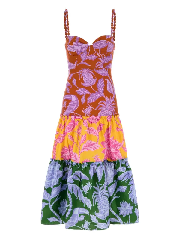 farm rio tiered midi dress Tiered embroidered cotton-poplin midi dress - blue