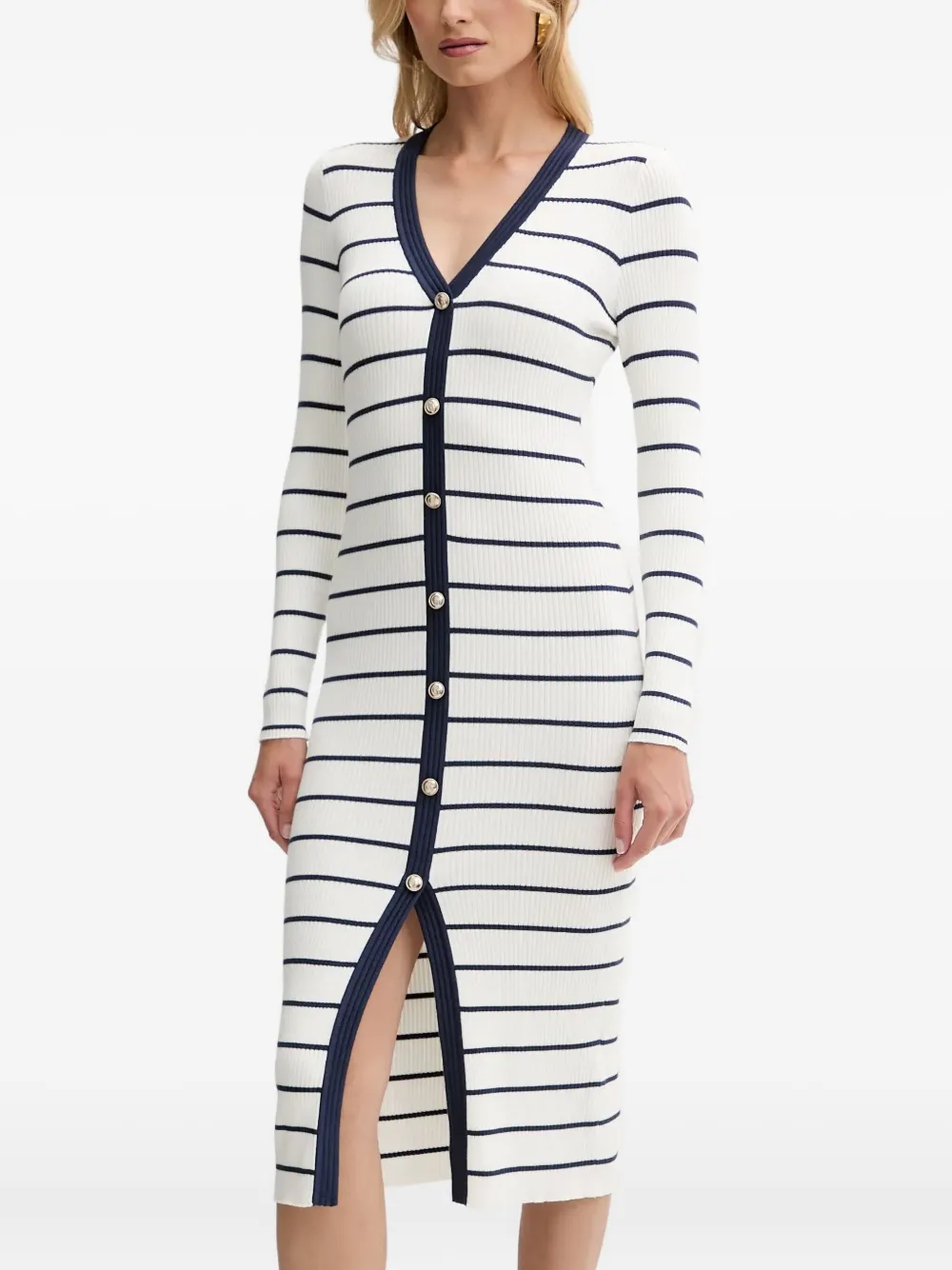 striped button-front midi dress