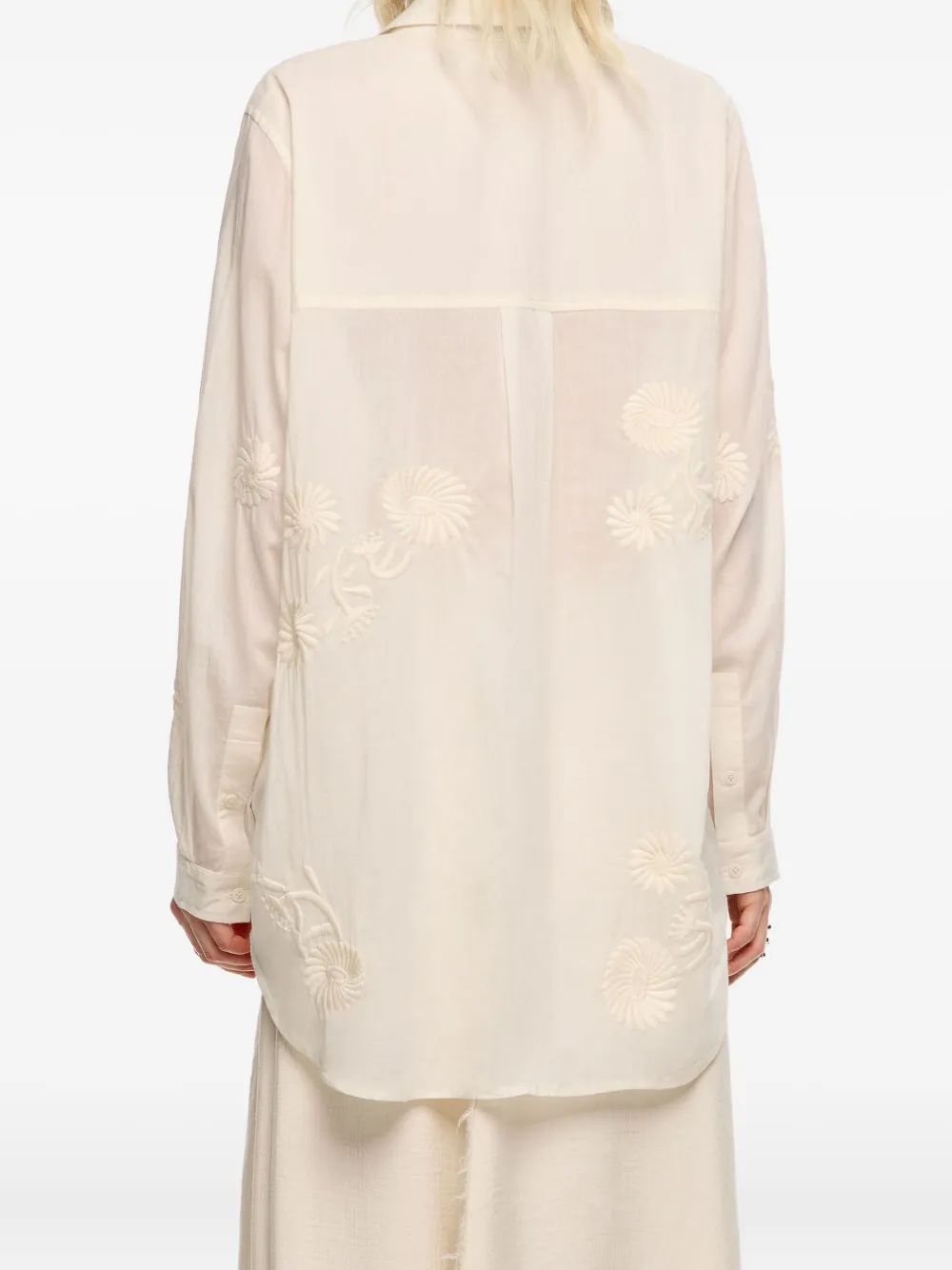 Bimba Y Lola Floral-embroidered Fringed Shirt In Neutral