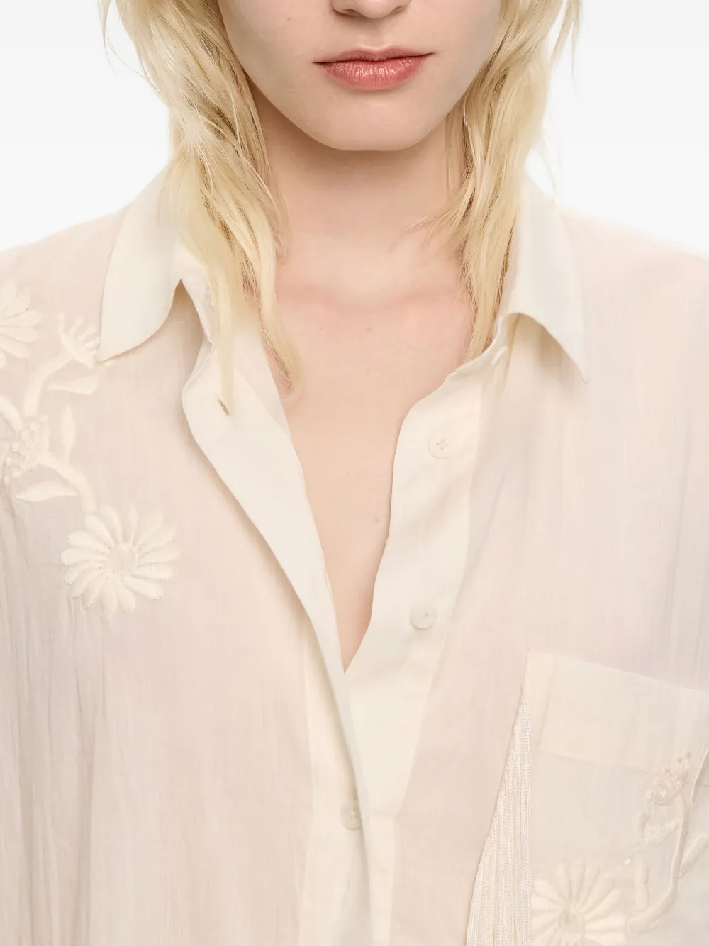 Bimba Y Lola Floral-embroidered Fringed Shirt In Neutral