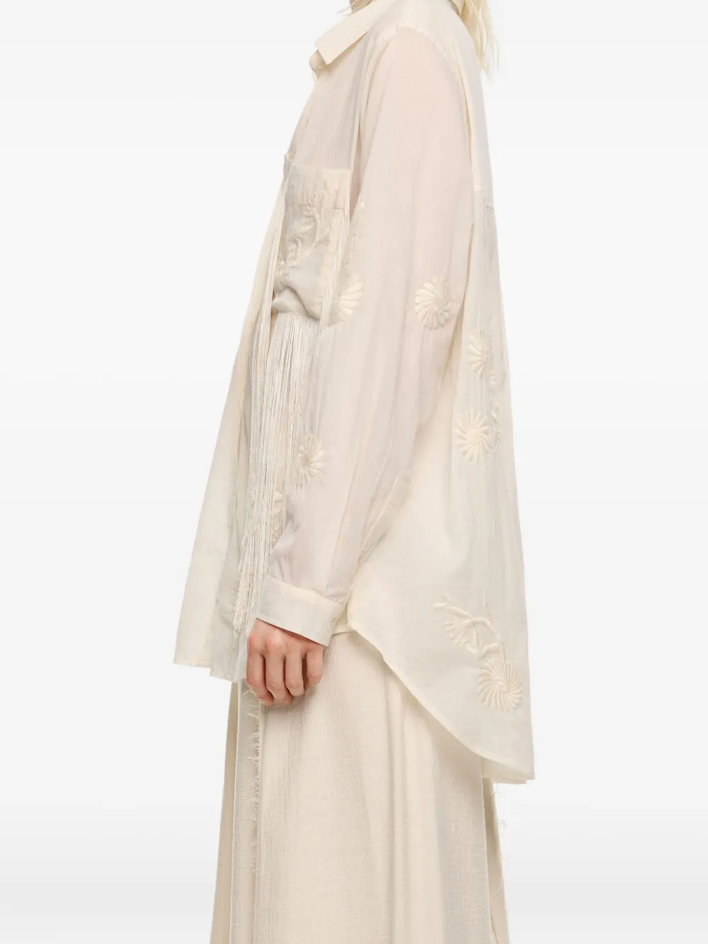 Bimba Y Lola Floral-embroidered Fringed Shirt In Neutral