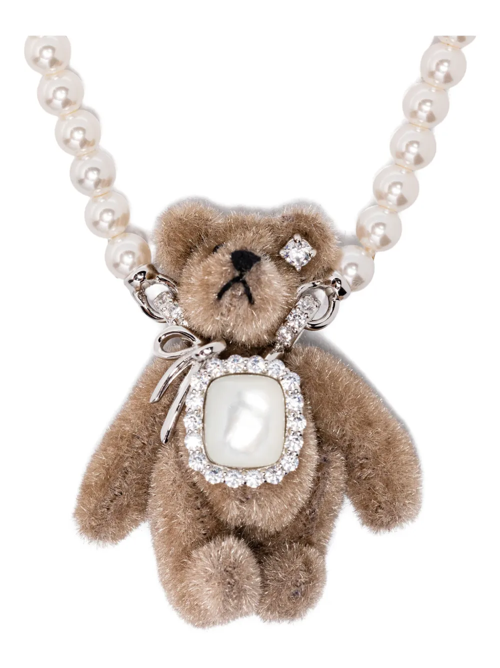 Yvmin Square Stone Plush Bear Pearl Necklace In Neutral
