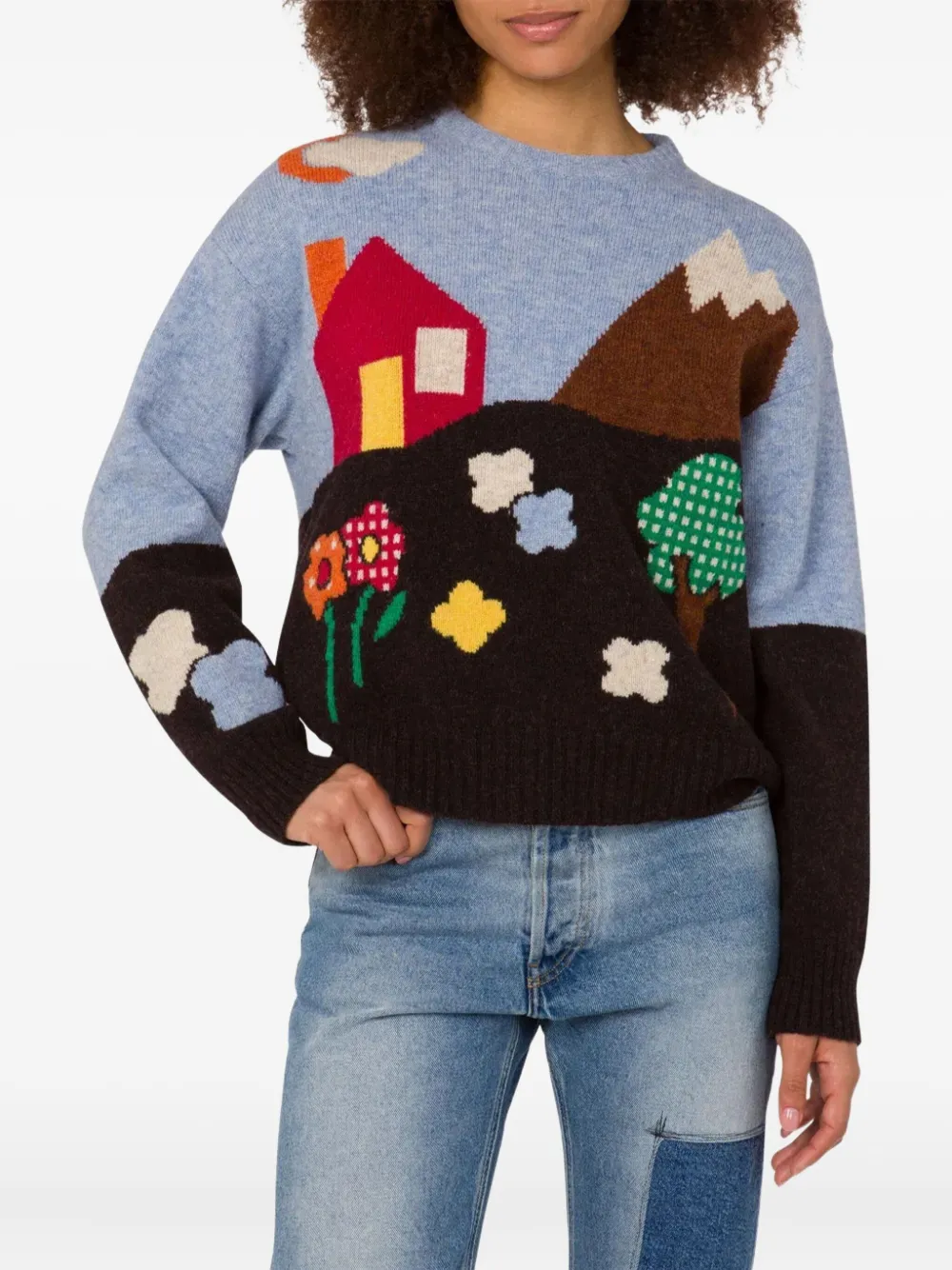 Moschino Shetland Wool Sweater With Landscape Intarsia In Blue