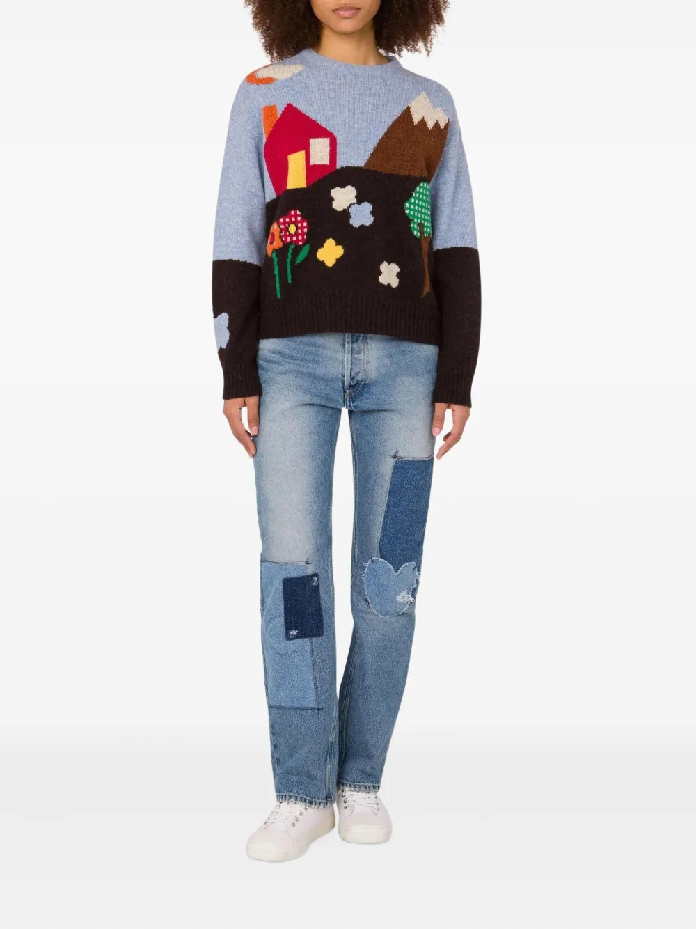 Moschino Shetland Wool Sweater With Landscape Intarsia In Blue