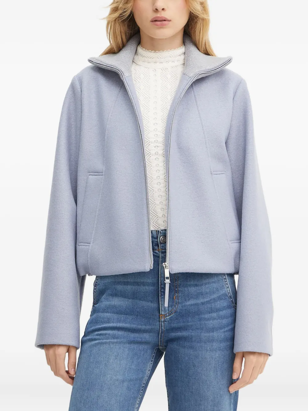 high-neck zip-front jacket