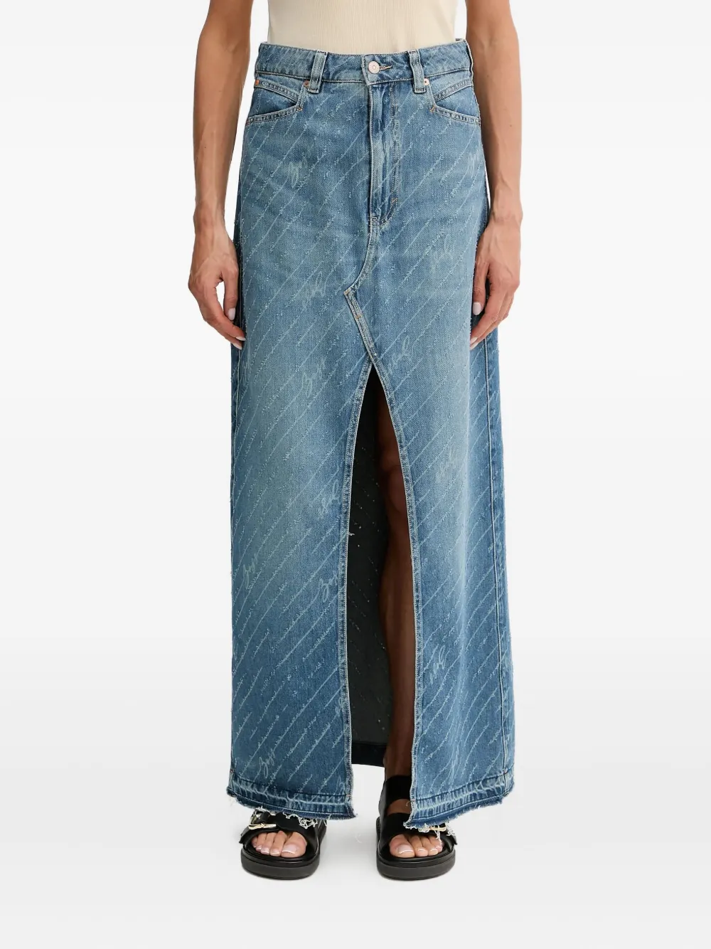 Hugo Boss Distressed-details Denim Maxi Skirt In Blue