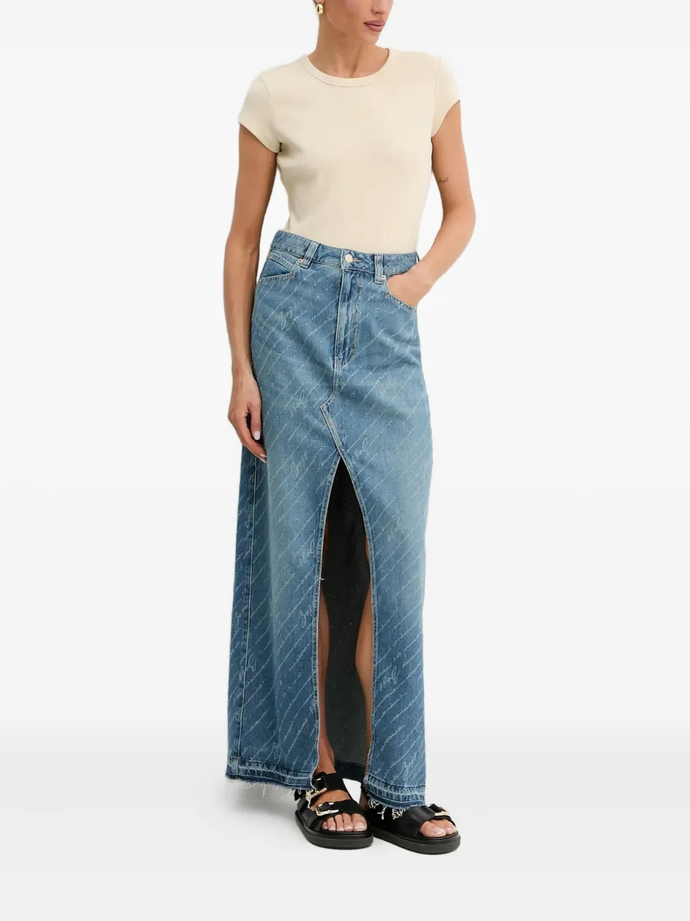 Hugo Boss Distressed-details Denim Maxi Skirt In Blue