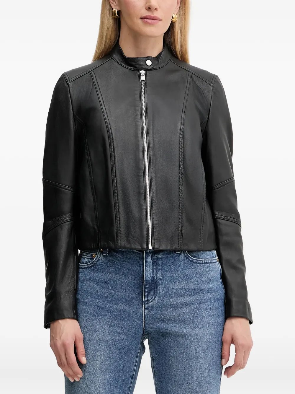 Hugo Boss Saleste Zip-front Panelled Leather Jacket In Black