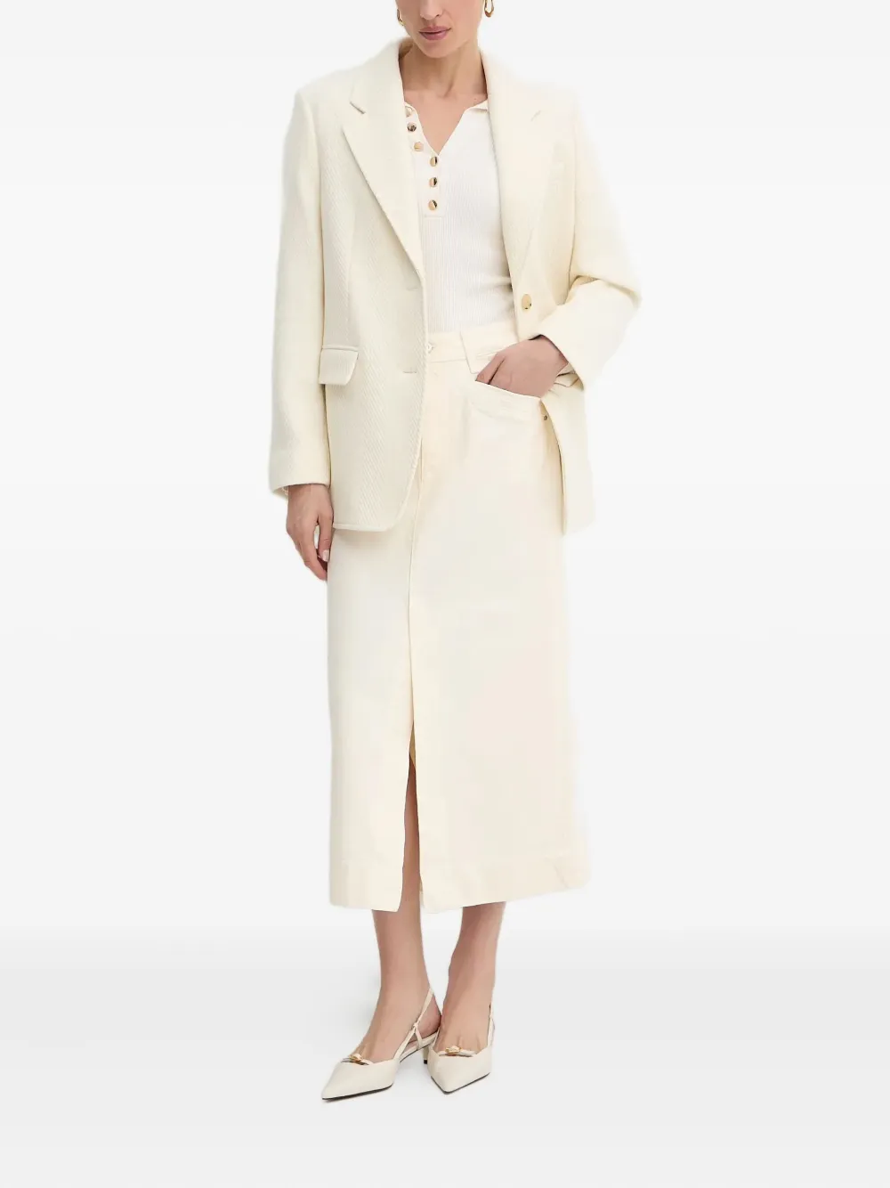 BOSS Straight denim midi-rok met split - Beige