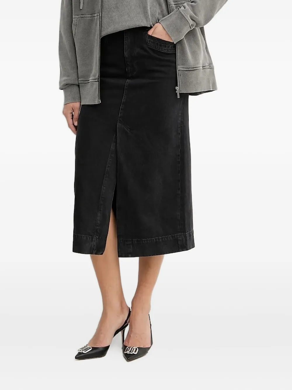 BOSS front-split denim midi skirt | Black | Image 1