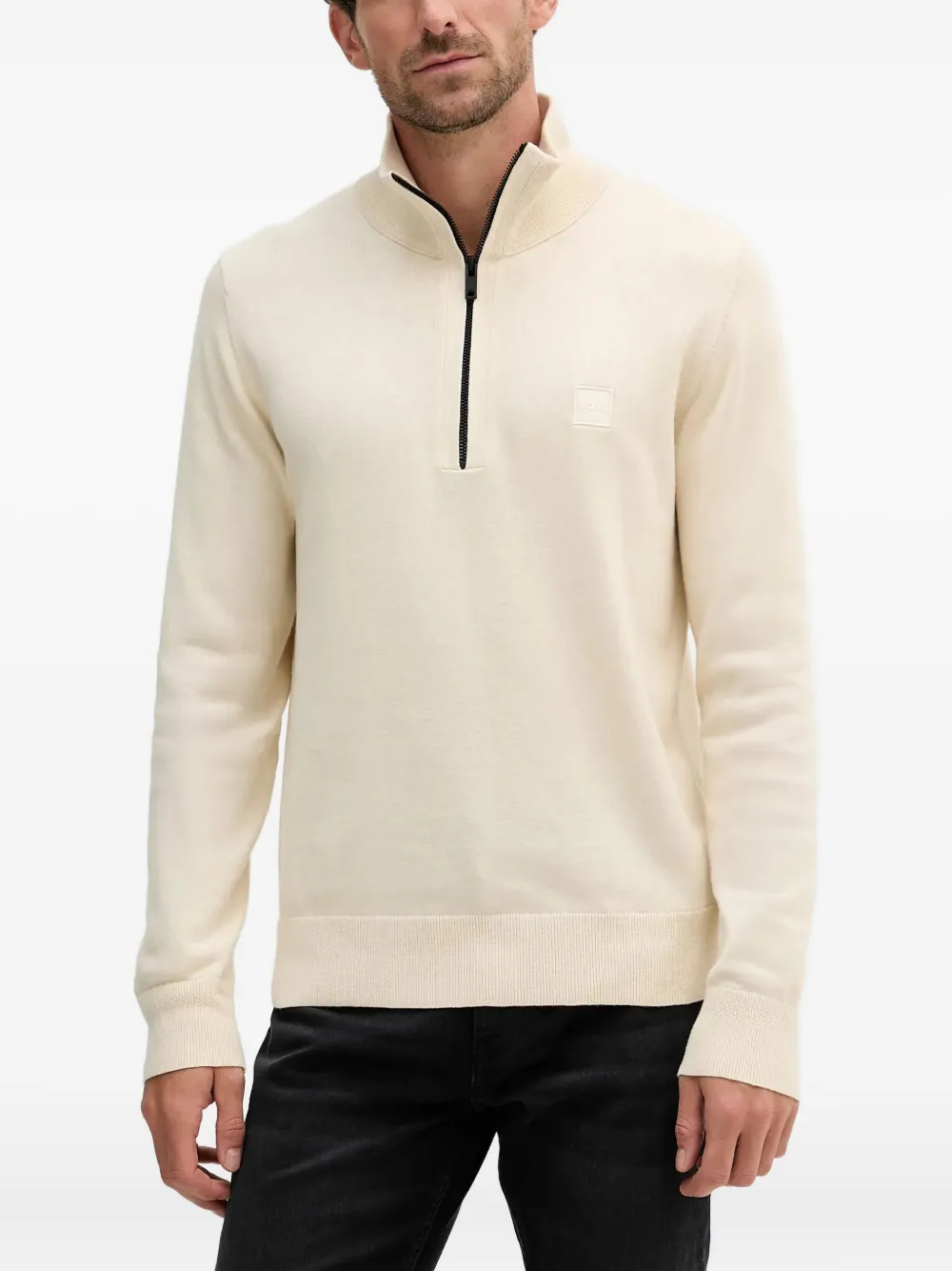 Hugo Boss Zip-neck Sweatshirt In Mercerized Cotton Jacquard In White