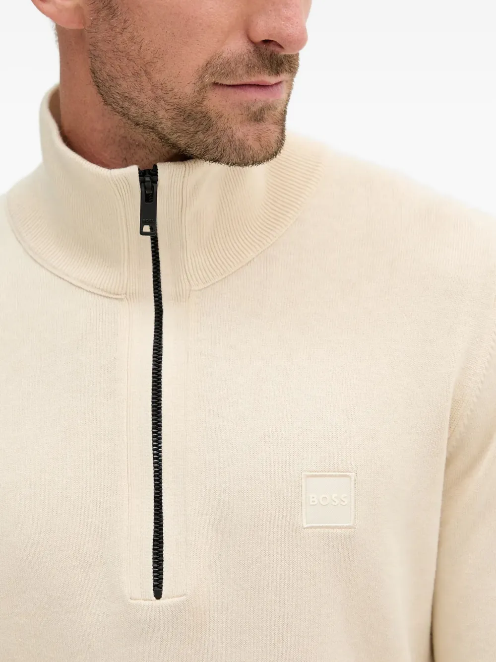 Hugo Boss Zip-neck Sweatshirt In Mercerized Cotton Jacquard In White