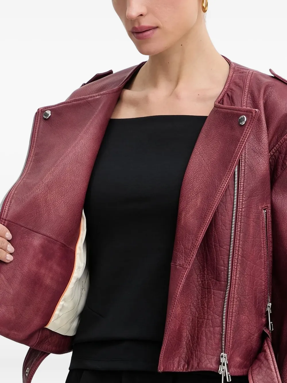Hugo Boss Belted Leather Biker Jacket In Red