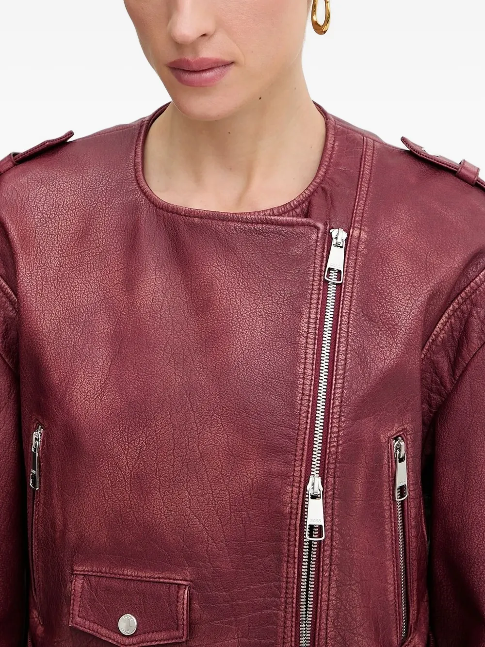 Hugo Boss Belted Leather Biker Jacket In Red