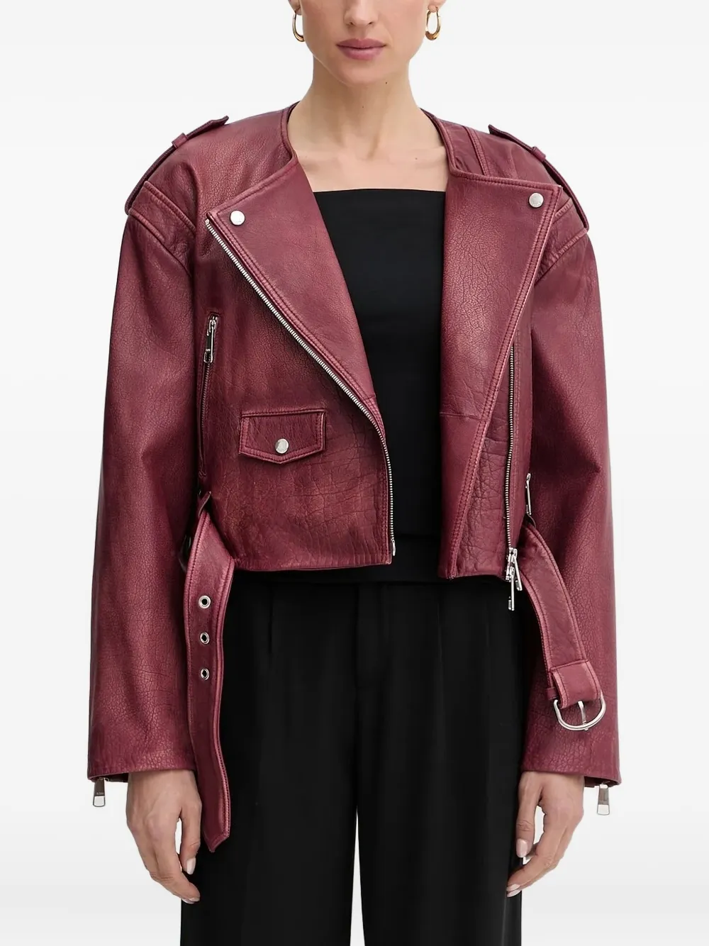 Hugo Boss Belted Leather Biker Jacket In Red