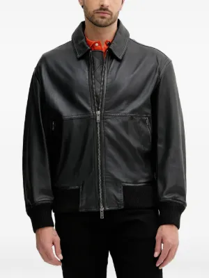 BOSS ブラックレザーアウター BOSS - グレインレザー バイカージャケット ジップ＆スタッズ