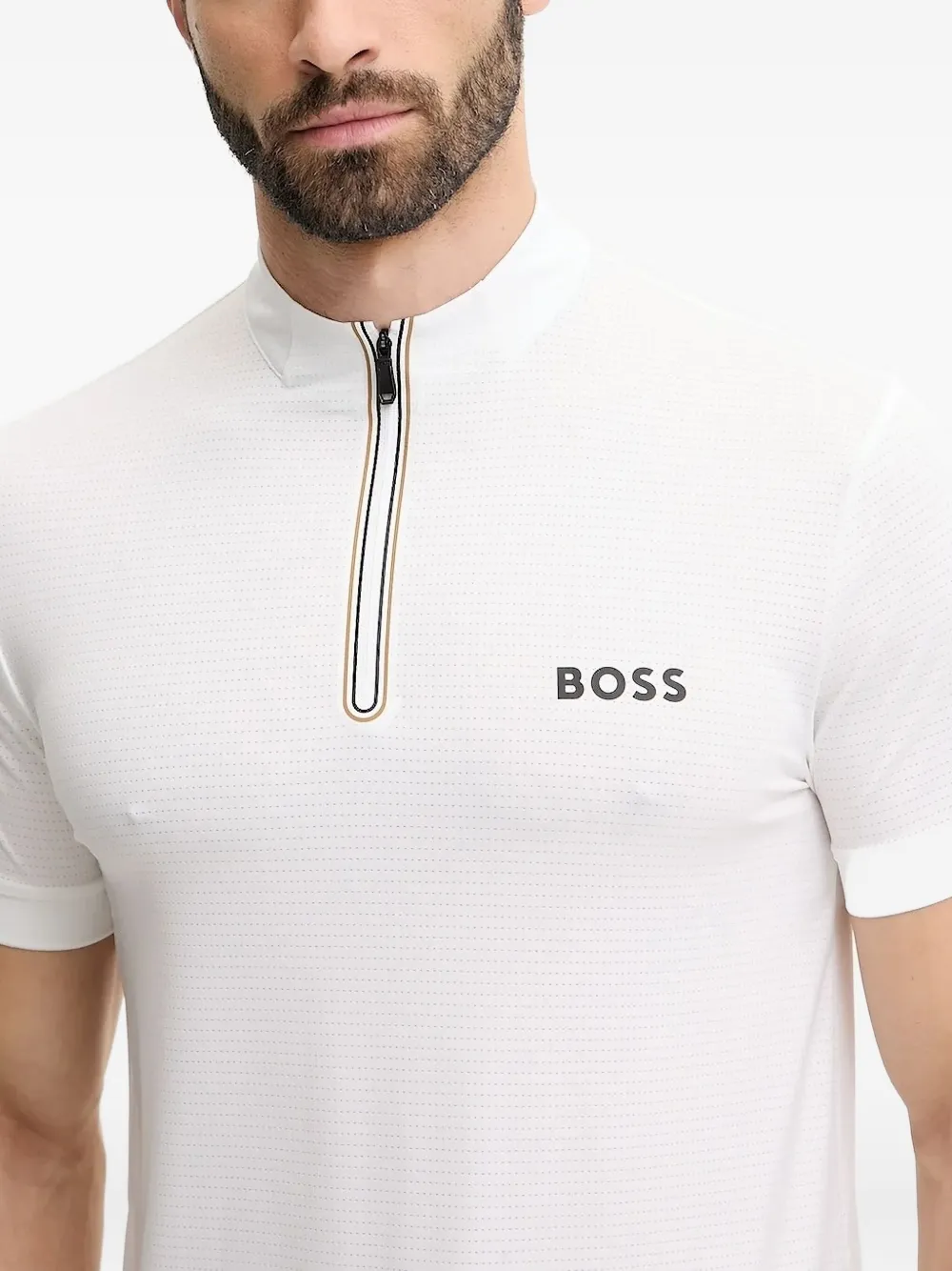 BOSS zip-neck textured polo shirt Wit
