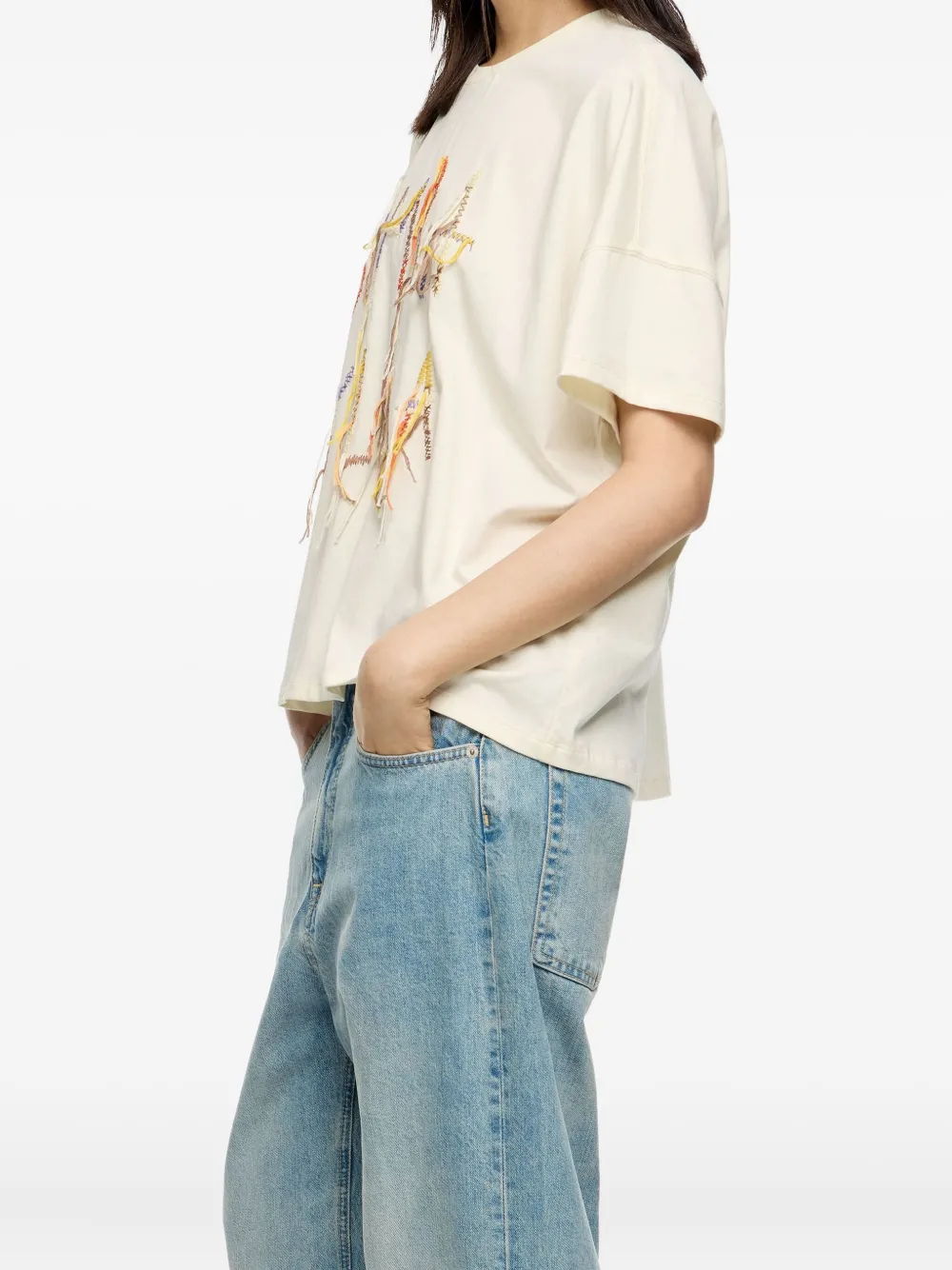 Bimba y Lola T-shirt met geborduurd logo en franje Beige