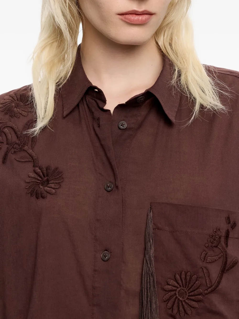 Bimba Y Lola Embroidered Fringe Shirt In Brown