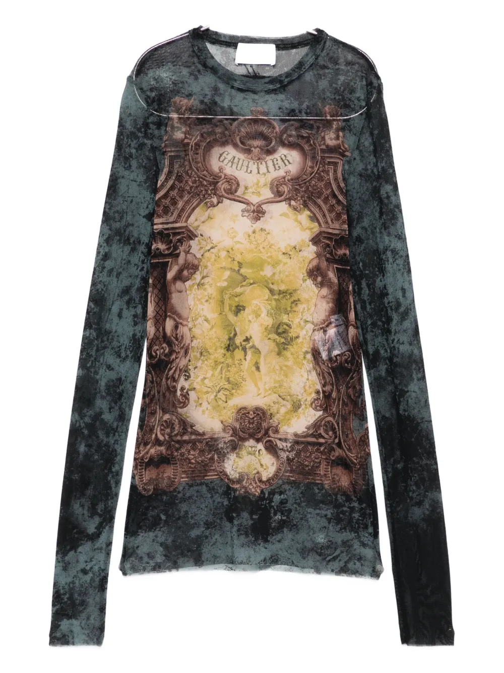 Jean Paul Gaultier Baroque-print Mesh T-shirt In Black
