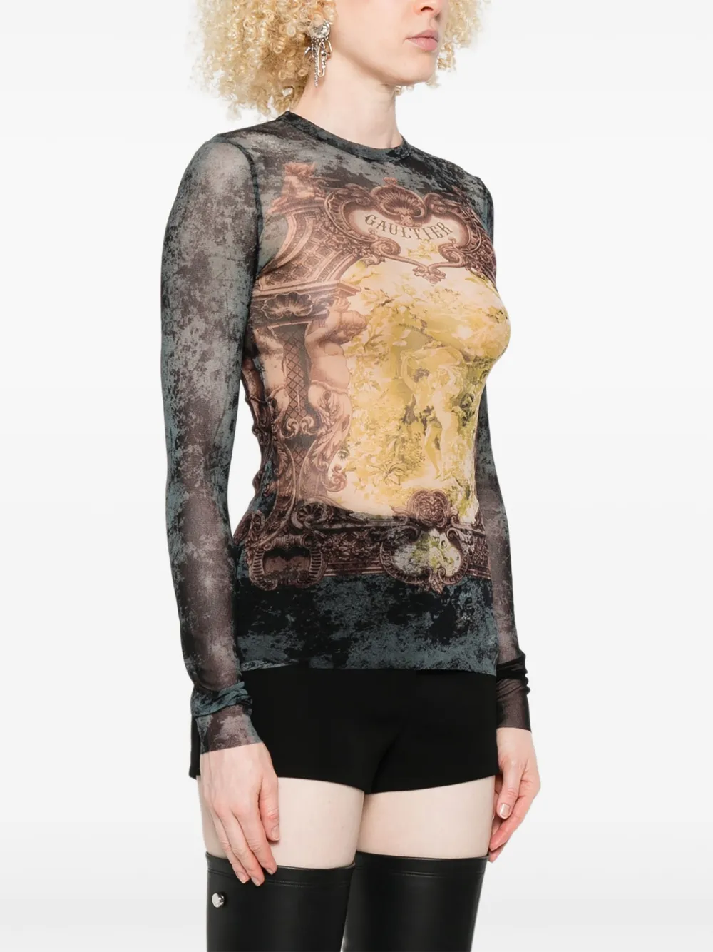 Jean Paul Gaultier Mesh T-shirt met barokprint Zwart