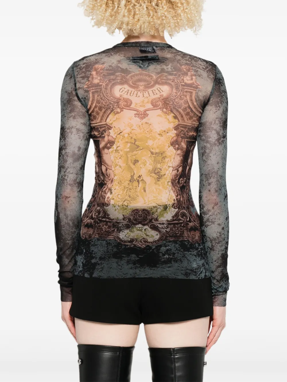 Jean Paul Gaultier Mesh T-shirt met barokprint Zwart