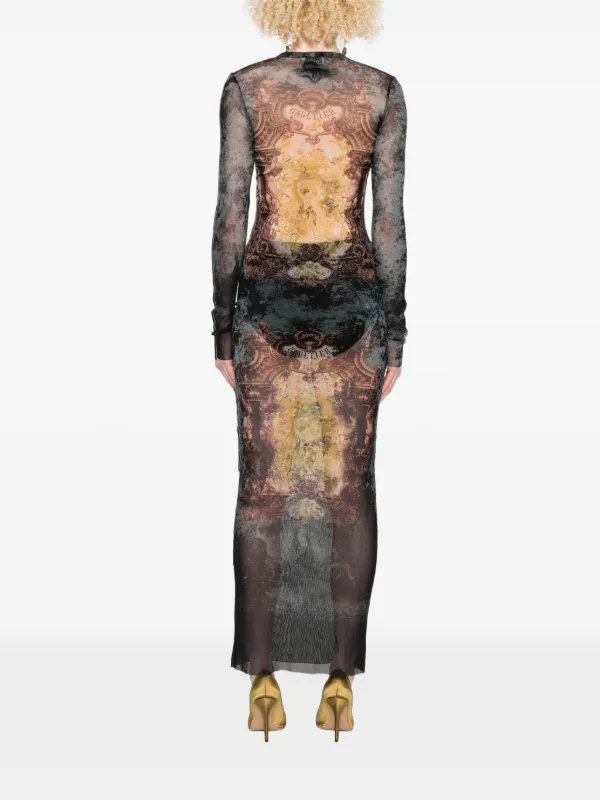 knee length dresses for ladies 1996 Jean Paul Gaultier Tribal Tattoo Mesh Maxi Dress