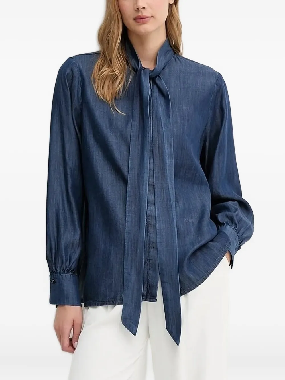 Joop! Denim blouse met gestrikte hals Blauw
