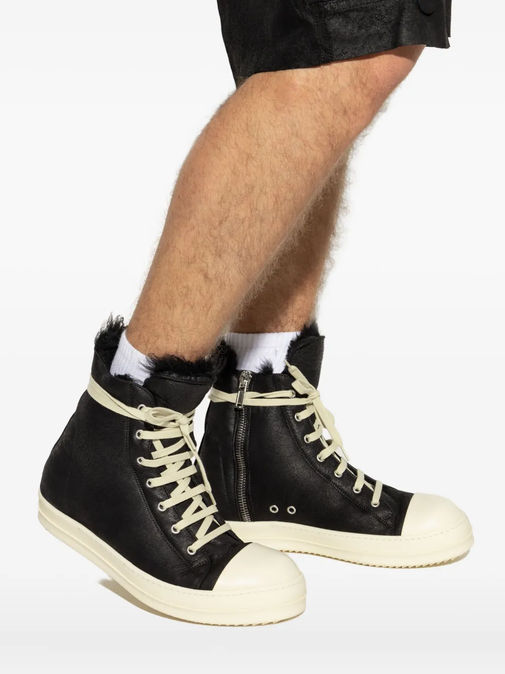 Rick Owens Shearling-lined Lace-up Sneakers In Black