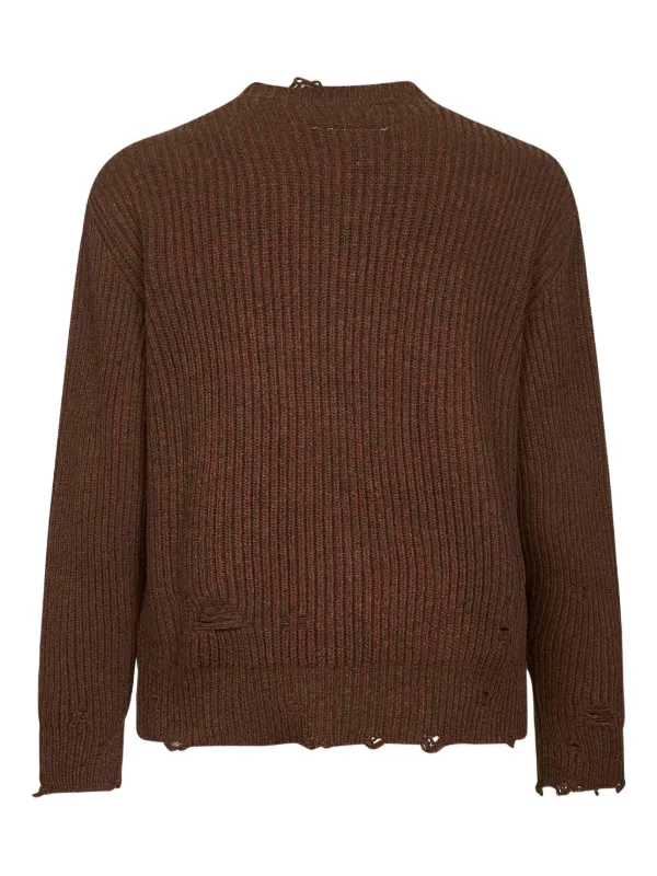 MM6 Maison Margiela Ribbed v-neck Distressed Sweater Brown