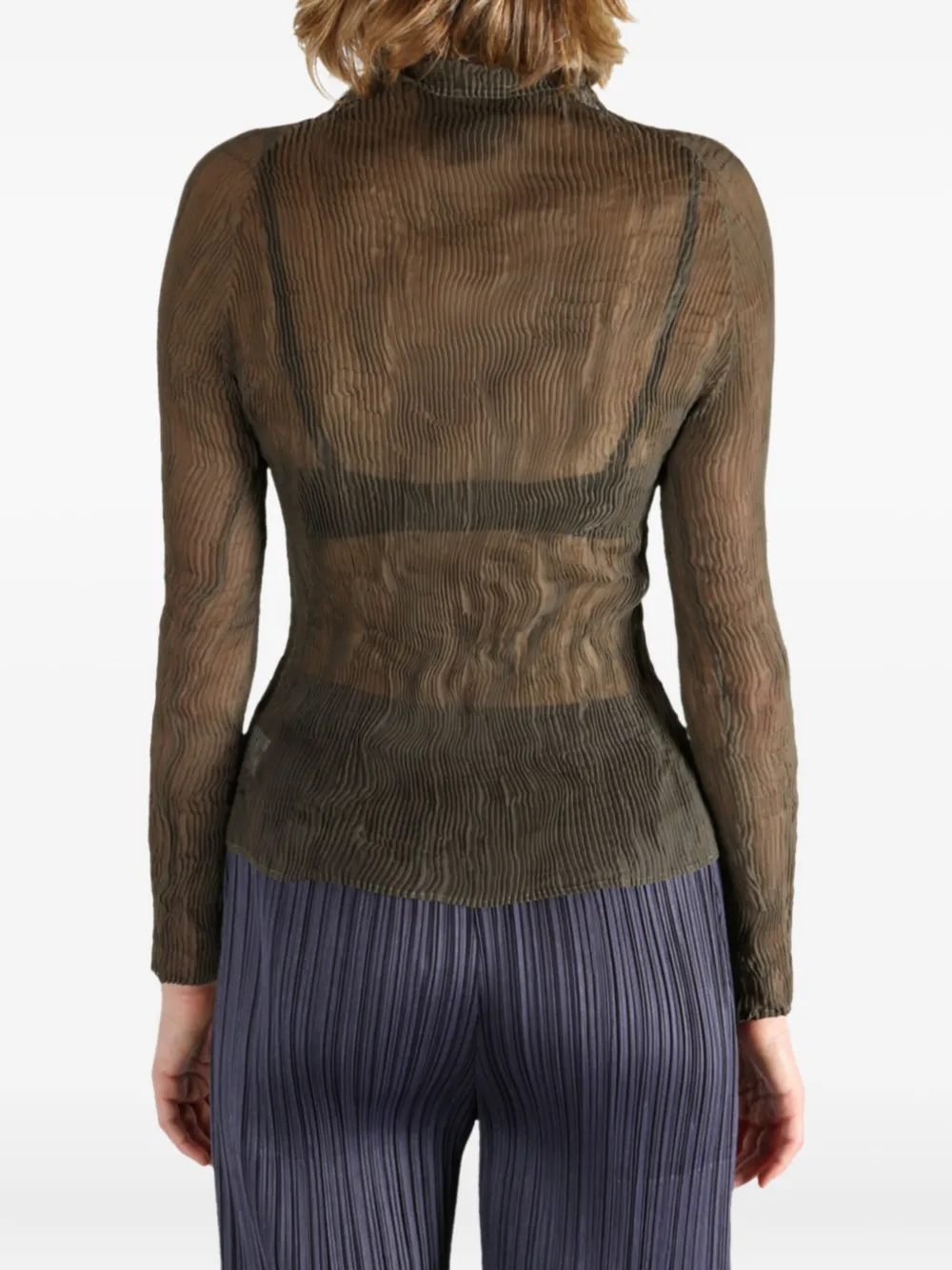 Issey Miyake Chiffon Twist 1 pleated high-neck sheer top Bruin