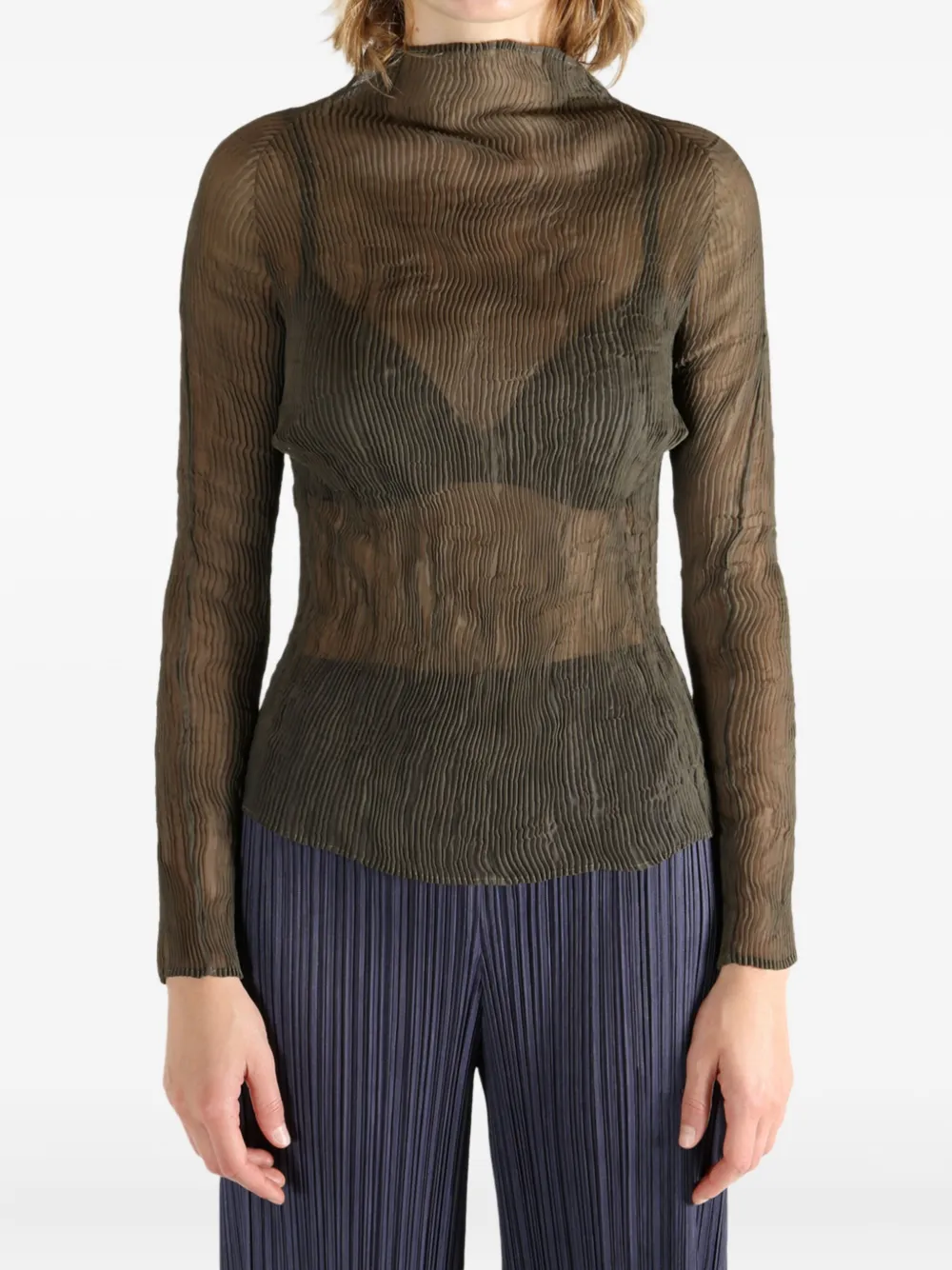 Issey Miyake Chiffon Twist 1 pleated high-neck sheer top Bruin
