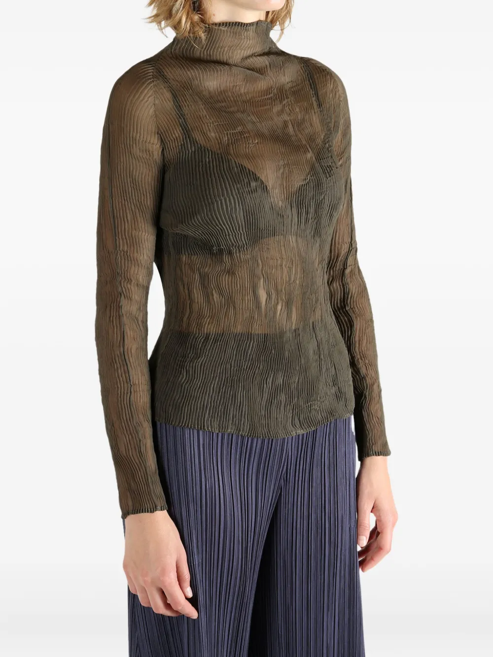 Issey Miyake Chiffon Twist 1 pleated high-neck sheer top - Bruin