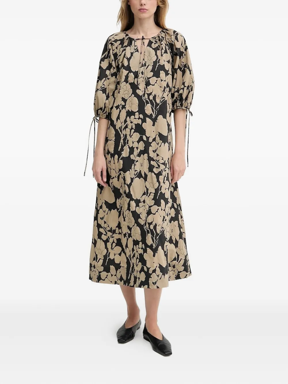 SAMSOE SAMSOE Midi-jurk met pofmouwen en bloemenprint - Beige