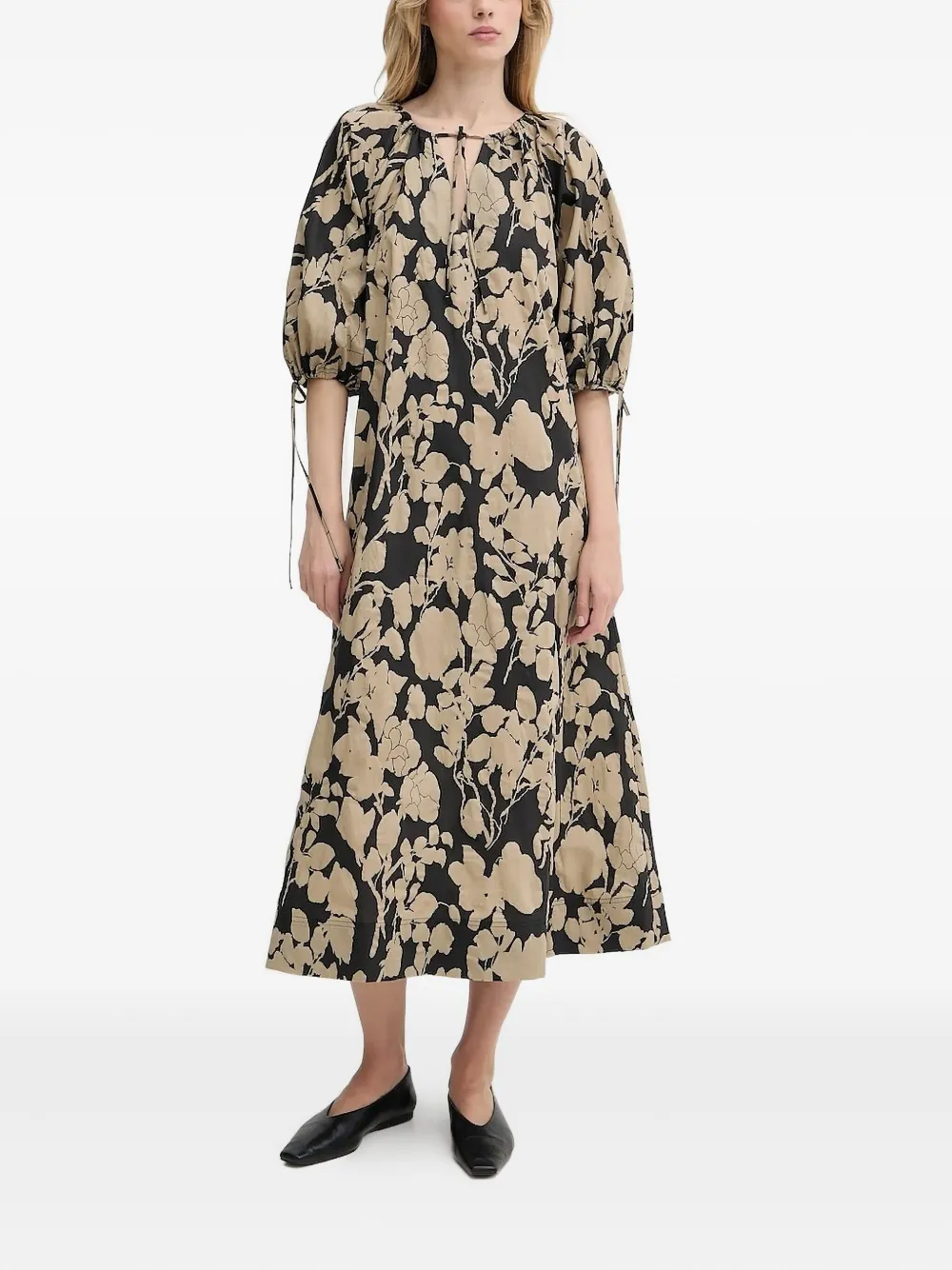 SAMSOE Midi-jurk met pofmouwen en bloemenprint Beige
