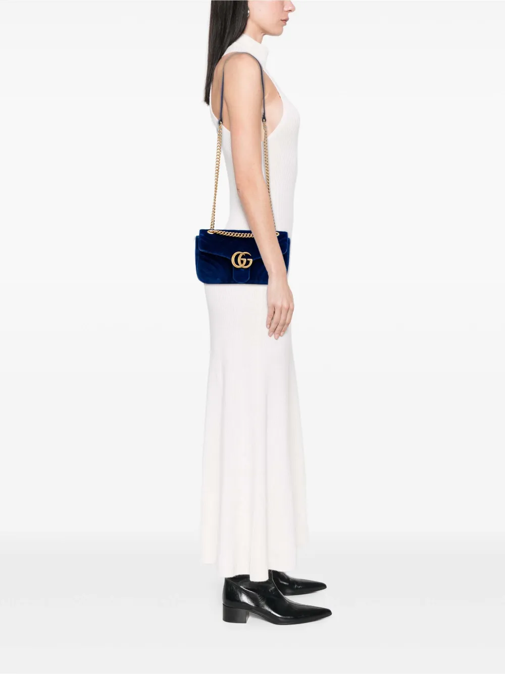 Pre-owned Gucci 2016-2025 Small Gg Marmont Matelasse Velvet Flap Crossbody Bag In Blue