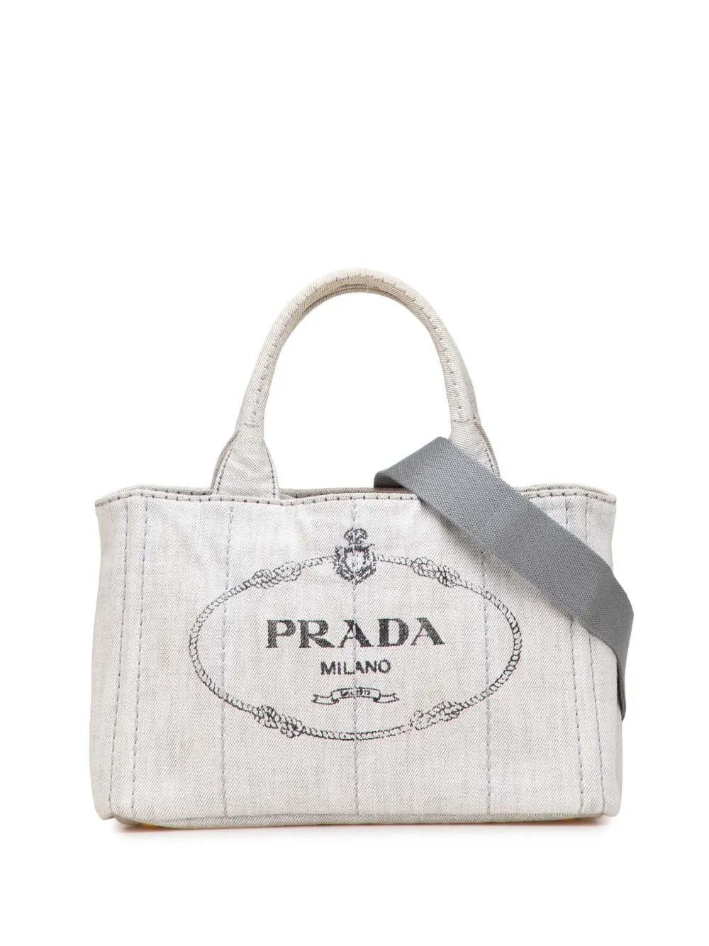 Pre-owned Prada 2013-2025 Small Denim Canapa Logo Satchel In Gray