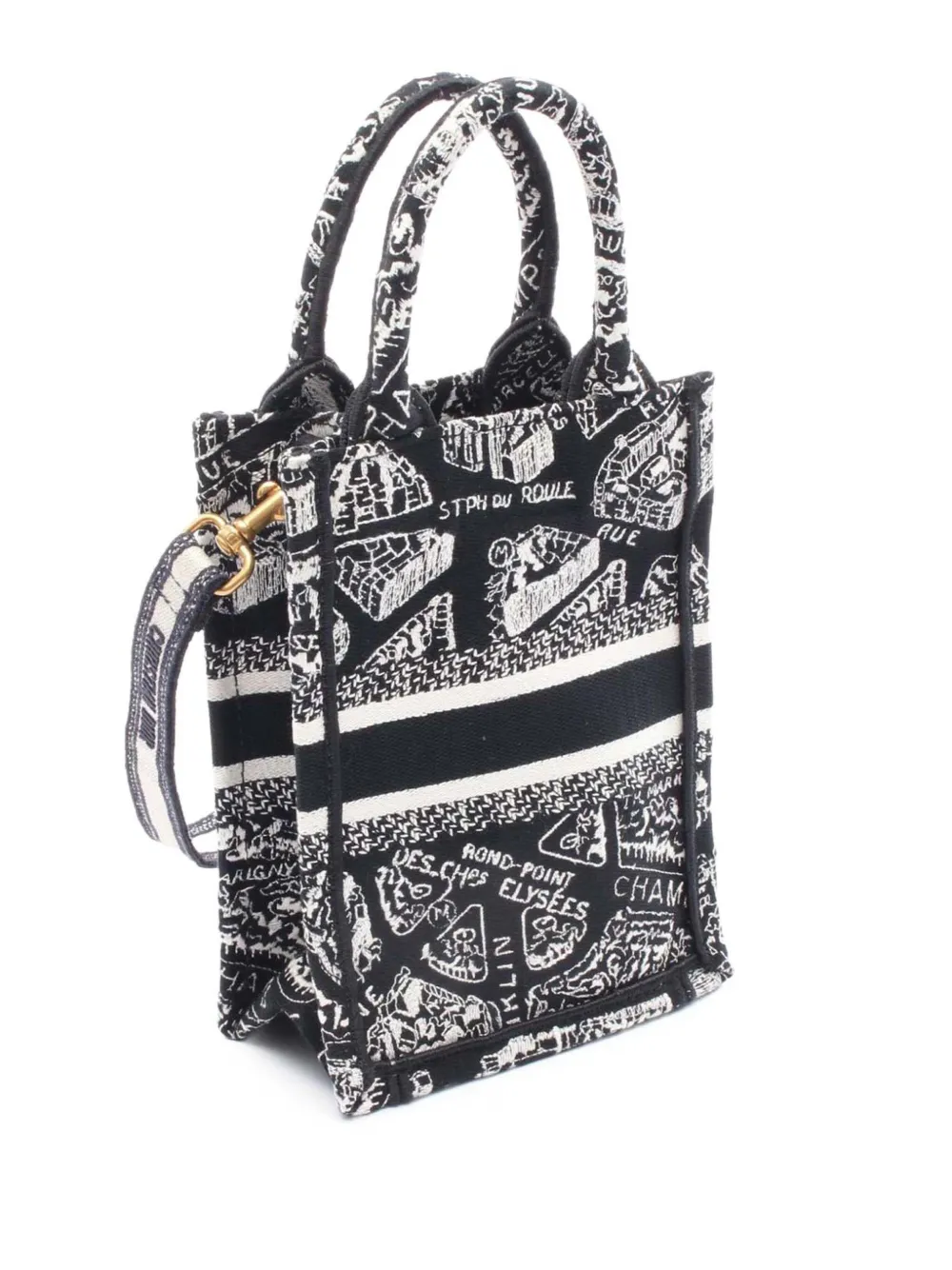 Pre-owned Dior 2021-2025 Mini Plan De Paris Logo Embroidered Canvas Vertical Book Tote Satchel In Black