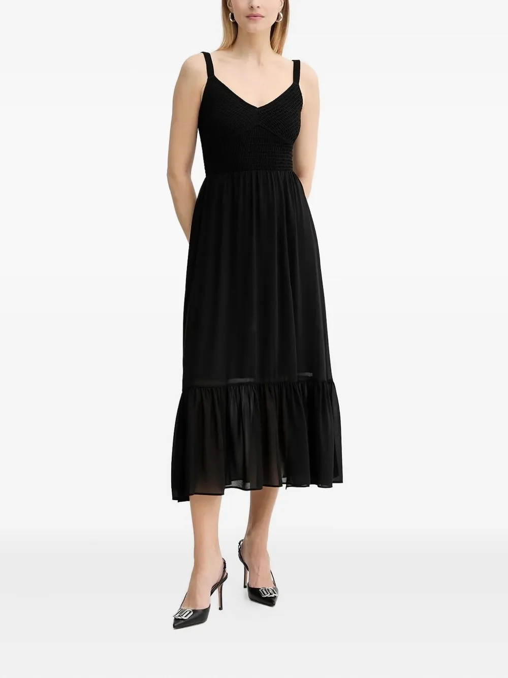 Michael Kors smocked-waist ruffled midi dress Zwart
