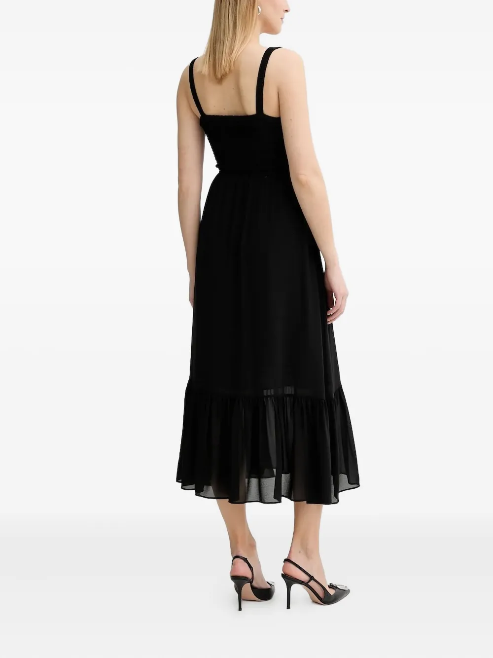 Michael Kors smocked-waist ruffled midi dress Zwart