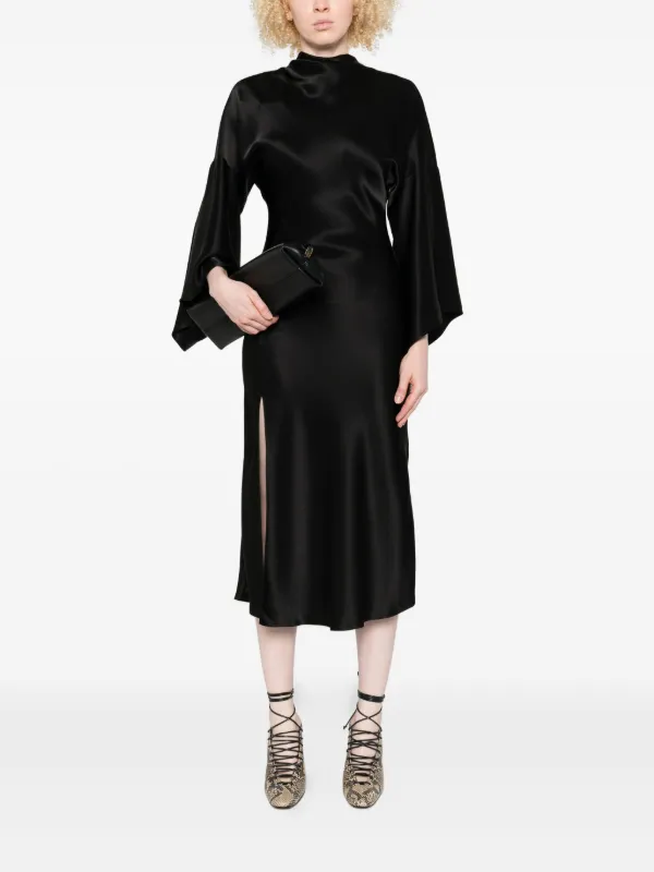 black midi dress open back Black Long Sleeve Backless Dress