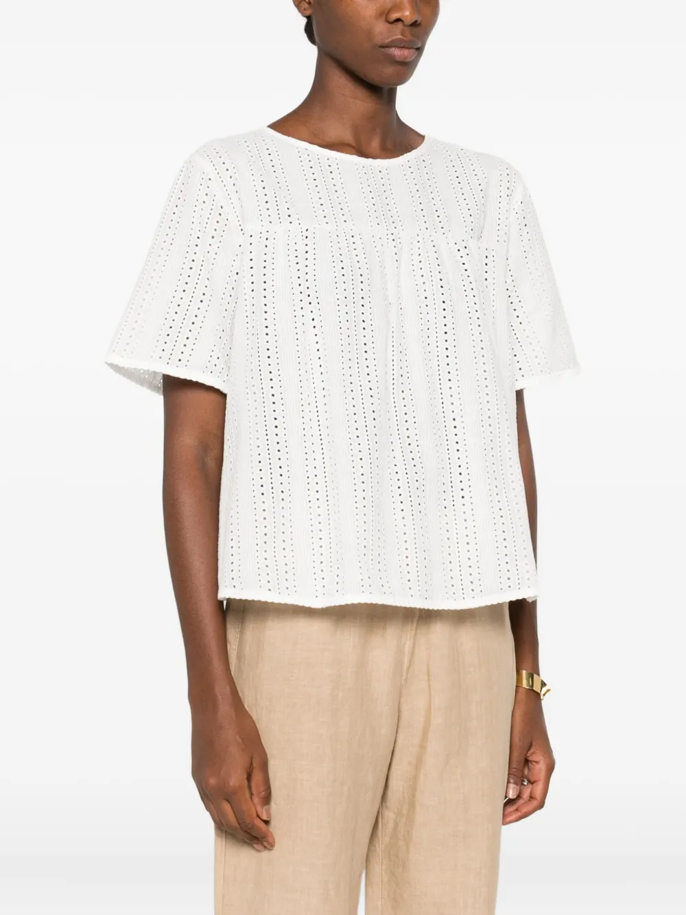 Weekend Max Mara Sleeves Round Neck Eyelet Pattern Top In White