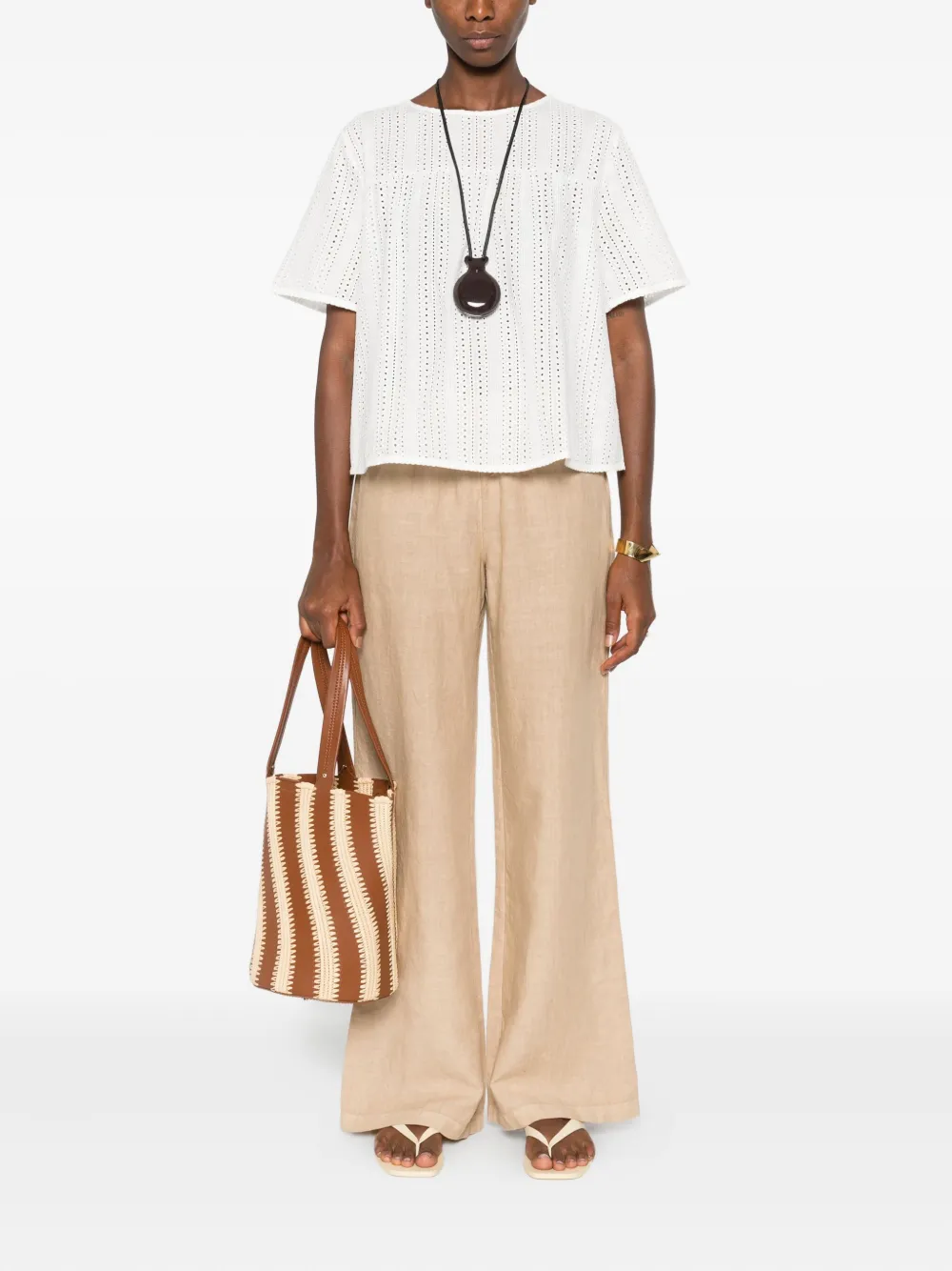 Weekend Max Mara Sleeves Round Neck Eyelet Pattern Top In White