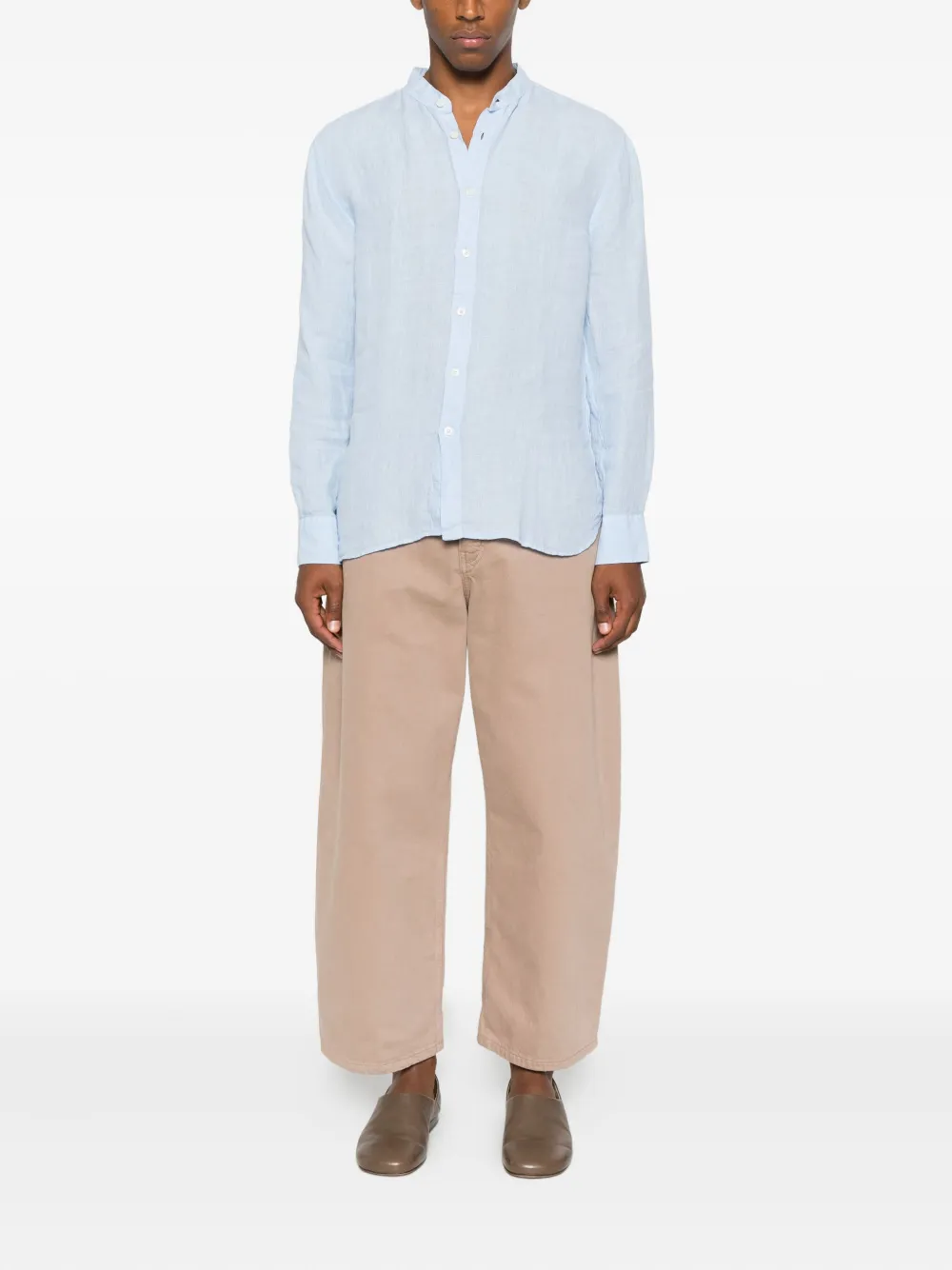 120% Lino band-collar long-sleeve shirt - Blauw