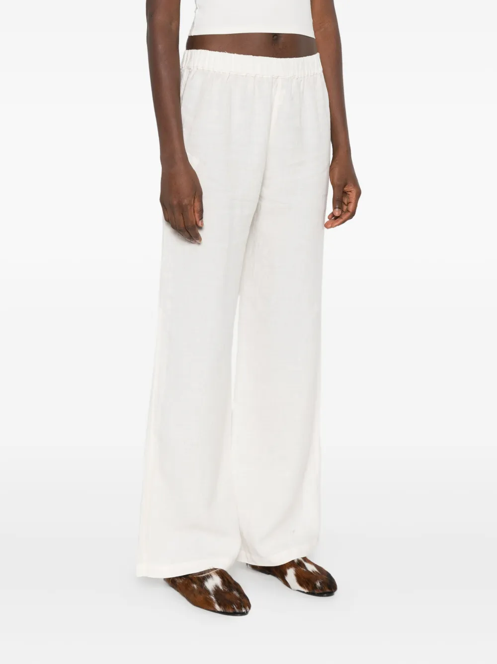 120% Lino Broek met elastische taille en wijde pijpen Wit