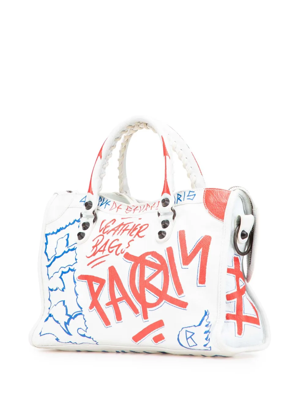 Pre-owned Balenciaga 2018-2025 Small Lambskin Motocross Graffiti All Over Classic City Satchel In White