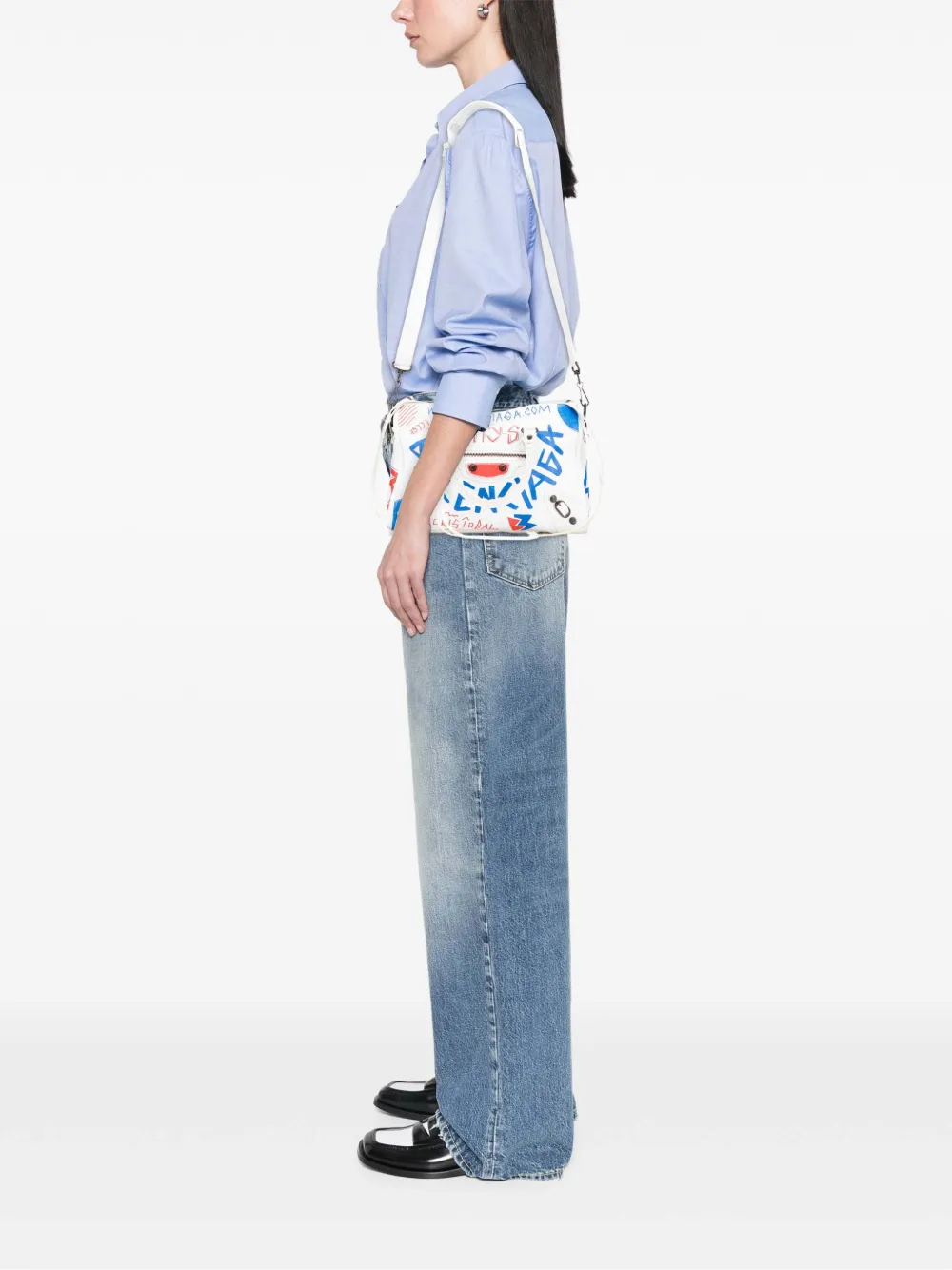 Pre-owned Balenciaga 2018-2025 Small Lambskin Motocross Graffiti All Over Classic City Satchel In White